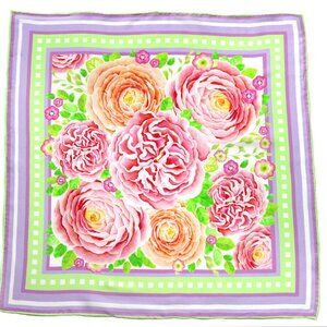 "Spring" - pink white small square silk neck / bag scarf, roses floral